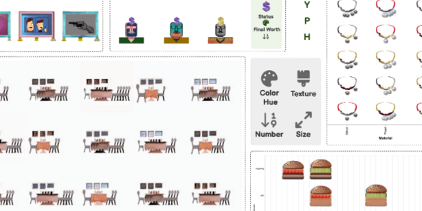 Part of a graphical element: Examples of diverse FGV designs created with Gen-lyph, including: (A) A visualization illustrating children’s movie preferences and viewing frequency,
categorized by gender. (B) A visualization showcasing a variety of characteristics of billionaires. (C) A visualization of individual customer meal records from
a restaurant. (D) A visualization of bracelets featuring different materials. (E) A visualization of hamburgers, focusing on their popularity and association with
specific restaurants. The legend displayed in this figure was added afterward for illustrative purposes.