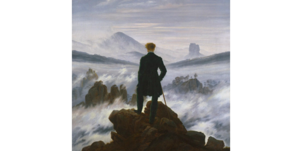 Painting: It shows a man on a mountain; we see his back as he looks down into the valleys (which are covered by clouds) and out into the distance.